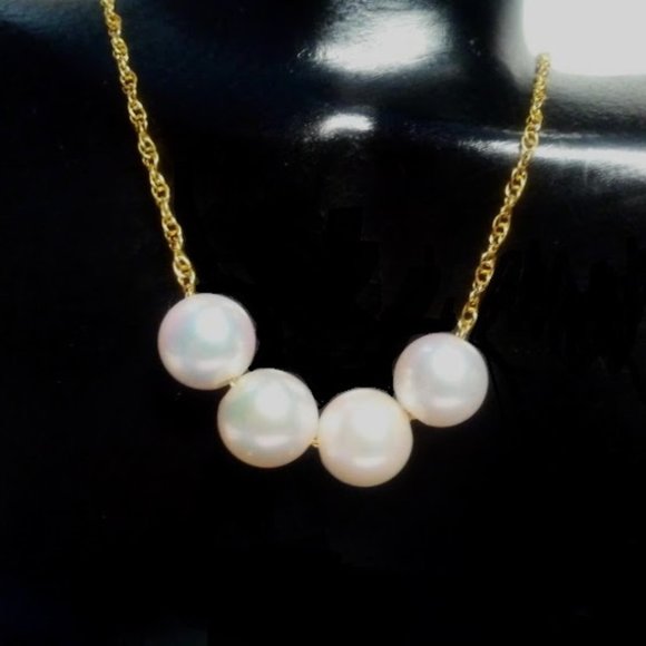 Solid 14K Yellow Gold Four Natural Round White Pearls Necklace 16"-19" - Picture 4 of 11